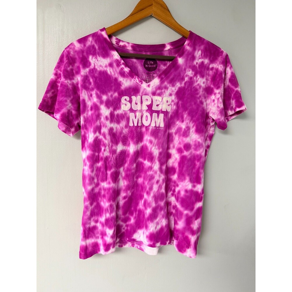 Life Is Good Women's S Super Mom Pink Tie Dye Crusher V Neck T Shirt